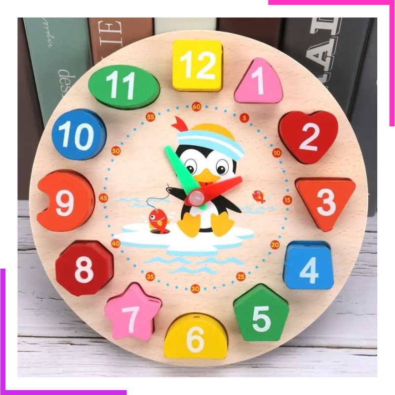 Horloge Apprentissage Heure, Chiffres, Formes et Couleurs en Bois