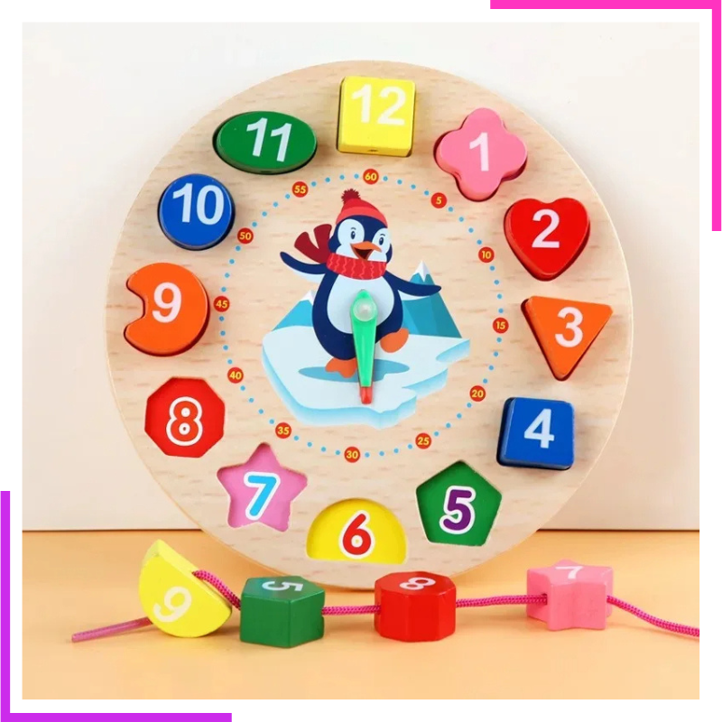 Horloge Apprentissage Heure, Chiffres, Formes et Couleurs en Bois