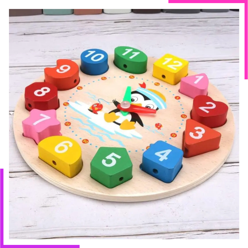 Horloge Apprentissage Heure, Chiffres, Formes et Couleurs en Bois