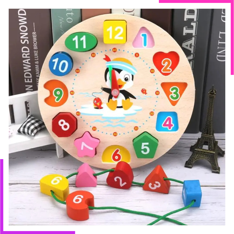 Horloge Apprentissage Heure, Chiffres, Formes et Couleurs en Bois