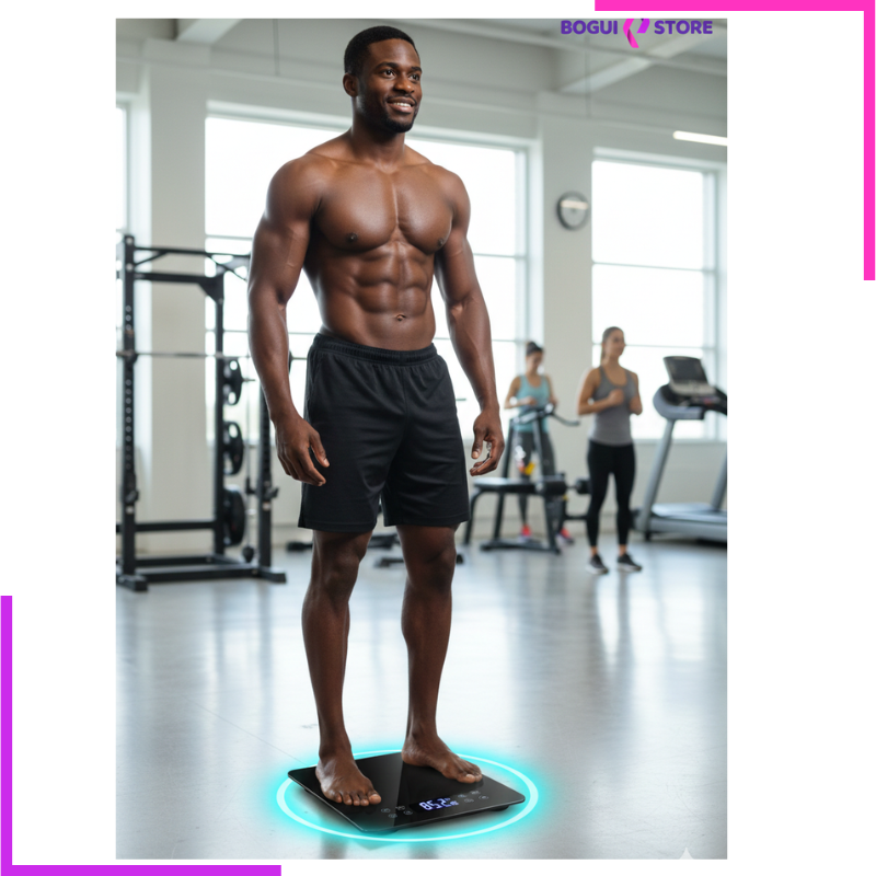 Homme utilisant une balance intelligente noire dans une salle de gym