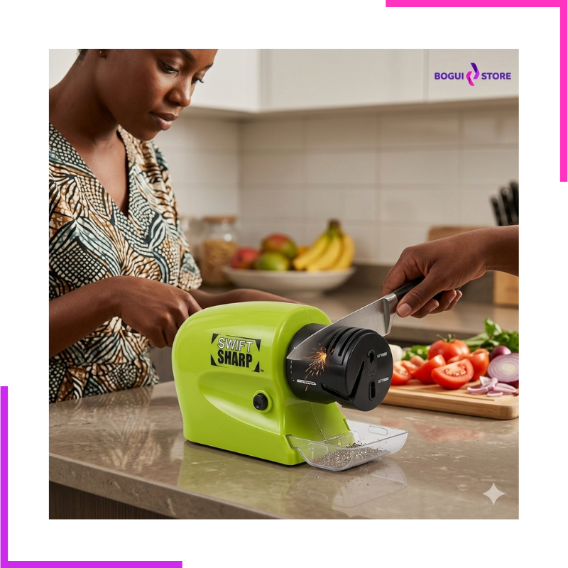 Aiguiseur électrique Swift Sharp utilisé par une femme en cuisine.