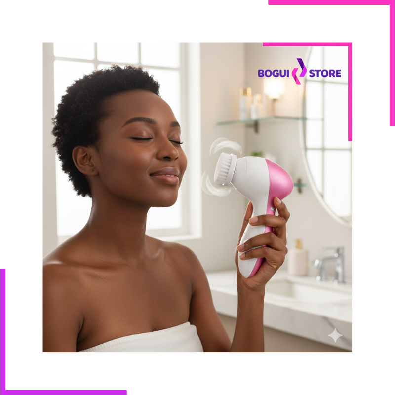 Femme utilisant une brosse nettoyante visage électrique dans sa salle de bain.