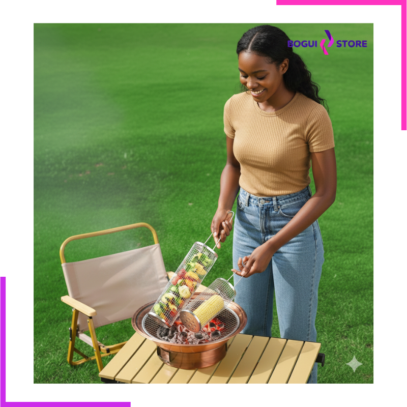 Panier de cuisson roulant pour barbecue sur grill extérieur